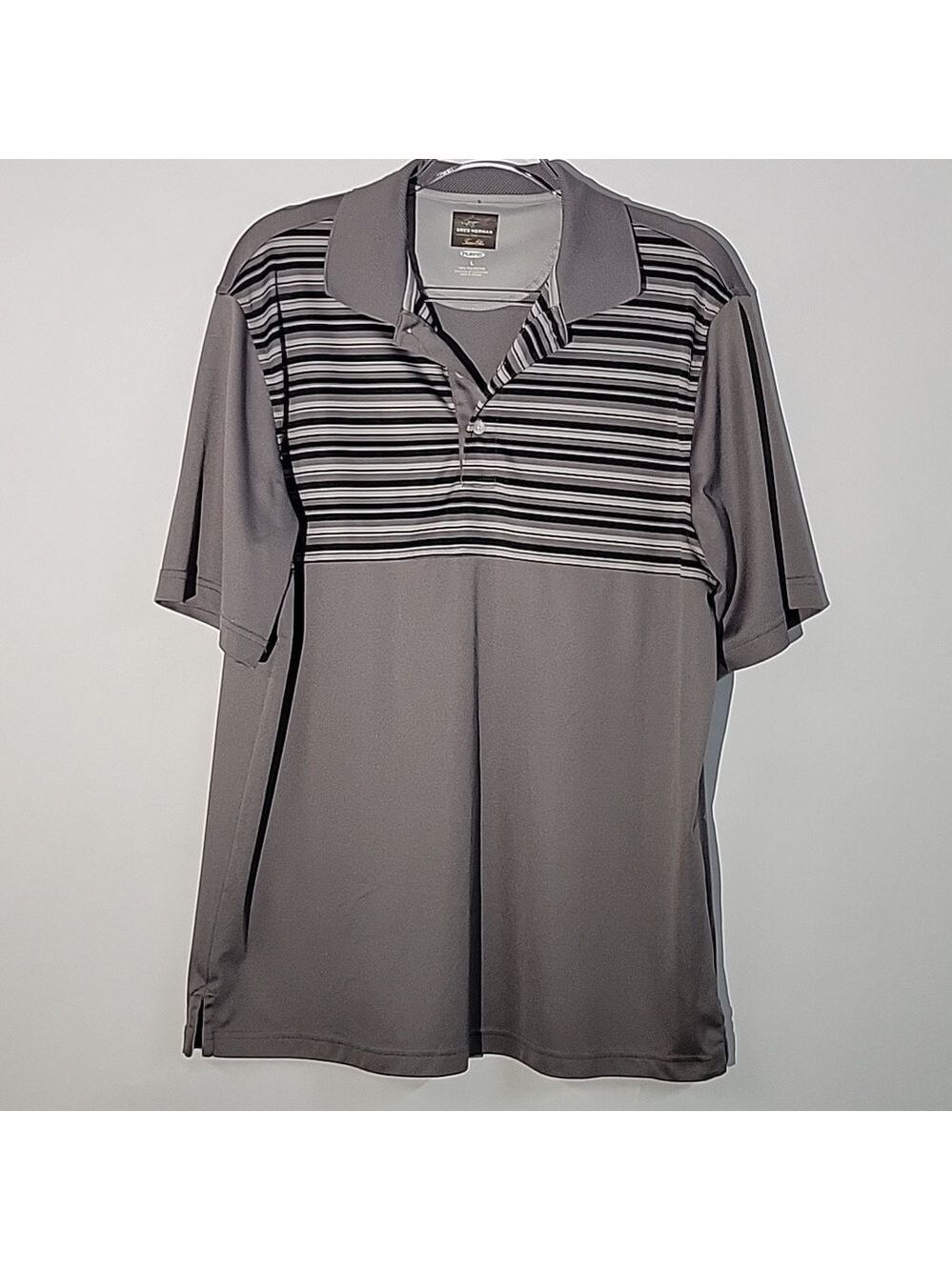 Greg Norman for Tasso Elba Men's Gray/Black Stripes Golf Polo, Size Large